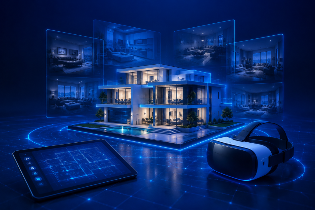 Virtual property tour UAE — 3D walkthrough and VR headset for real estate