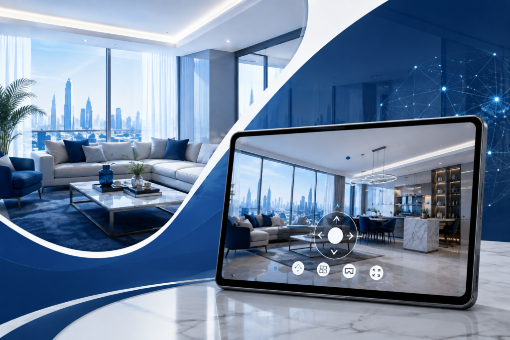Virtual property tour UAE — 360° living room walkthrough on tablet
