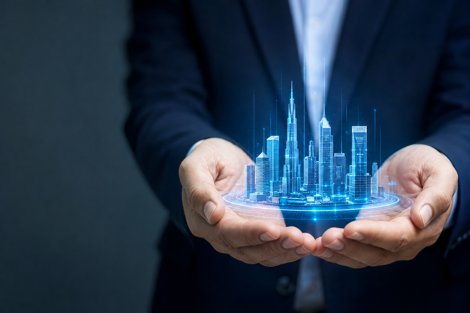 Virtual property tour UAE — holographic city skyline concept
